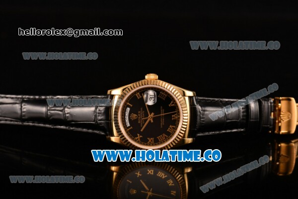 Rolex Day-Date Asia 2813/Swiss ETA 2836/Clone Rolex 3135 Automatic Yellow Gold Case with Roman Numeral Markers and Black Dial (BP) - Click Image to Close